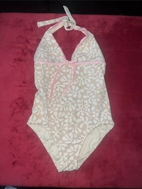 OndadeMar Cream One-Piece Swimsuit with Pink Trim.  Size 14.  Like new.